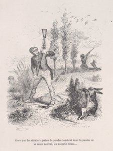 Als de laatste korrels poeder in de palm van zijn zwartgeblakerde hand vallen, een voortreffelijke haas..., 1843 door Jean Ignace Isidore Gérard