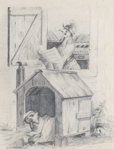 Hond in hondenhok, haan zingt bij raam, ca. 1842