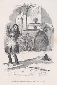 Hij staat op, bedekt van top tot teen met sneeuw. uit de Kleine Ellende van het Menselijk Leven, 1843