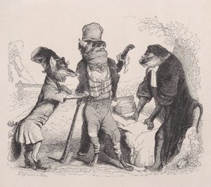 De wolf pleit tegen de vos, voor de aap