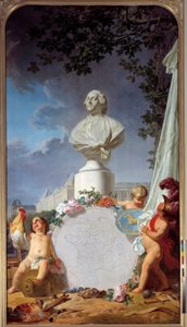 Geleerde Europa Allegorische voorstelling van de glorie van Frankrijk, de buste van Lodewijk XVI (1754-1793) domineert een kaart van Franse bezittingen, een haan, engeltjes en symbolen van kunst en wetenschap. Schilderij door Jean Jacques Bachelier (1724-1 door Jean Jacques Bachelier