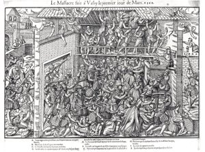 Het bloedbad onder de protestantse bevolking door de troepen van de hertog van Guise in Wassy-sur-Blaise, 1 maart 1562, gegraveerd door Jacques Tortorel (1568-92) door Jean Jacques Perrissin