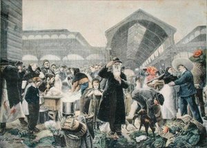 Soepkraam op de Les Halles-markt in de ochtend, illustratie uit Le Petit Journal, 2 maart 1897, gegraveerd door Fortune-Louis Meaulle (1844-1901)