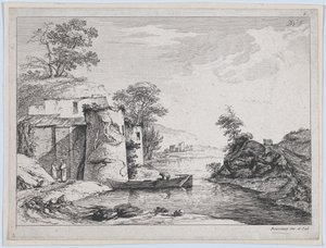 Oude torens aan een rivierbank, 1763 door Jean Jacques de Boissieu