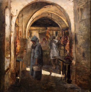 De slagerij, 2de helft 19de eeuw. (Olieverf op doek)