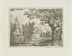 Landschap met ronde toren door Jean Joseph Hanson