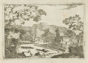 Rivierlandschap met huizen en torens door Jean Joseph Hanson