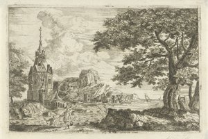 Vissers bij een kerk aan een kust door Jean Joseph Hanson
