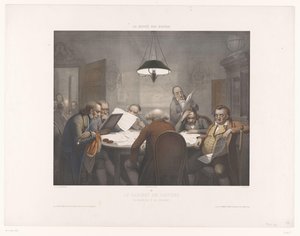 Leeskabinet met lezende mannen aan een ronde tafel door Jean Julien Jacott