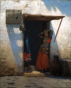 Vrouw uit Caïro bij haar voordeur door Jean Leon Gerome