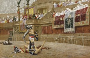 Gladiatoren in de Romeinse arena: toeschouwers geven de 