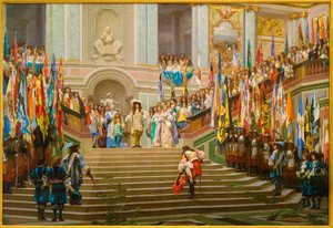 Ontvangst van Louis 2 de Bourbon Conde, de Grote Conde, door Koning Lodewijk 14 in Versailles in 1674 door Jean Leon Gerome
