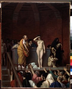 Oud Rome: De slavenmarkt in Rome. Een naakte slavin op een podium wordt verkocht, voor een publiek van kopers die hun arm opsteken om een prijs te geven. Schilderij door Jean Leon Gerome (1824-1904) 1884