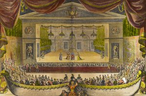 Voorstelling van de ingebeelde zieke in Versailles De voorstelling van het stuk door Jean Baptiste Poquelin genaamd Molière in de tuinen van Versailles in aanwezigheid van koning Lodewijk XIV door Jean Lepautre