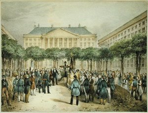 Begrafenis van revolutionairen op de Place des Martyres de la Liberte, Brussel, 2 oktober 1830, gegraveerd door A.M. Jobard