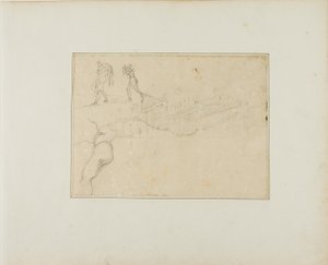 Doorsnede van een zuilenhal en drie figuurschetsen door Jean Louis André Théodore Géricault