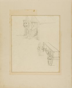 Hond in hondenhok en studie van een munitiekar door Jean Louis André Théodore Géricault