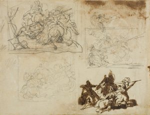 Vier schetsen voor een cavalerieslag door Jean Louis André Théodore Géricault