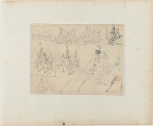 Blad met schetsen: Cavalerie veldslagen en bereden soldaten door Jean Louis André Théodore Géricault