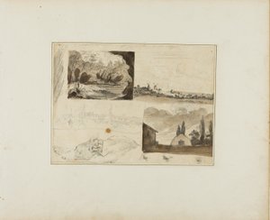 Blad met schetsen: Vier landschappen en een hazewindhond door Jean Louis André Théodore Géricault
