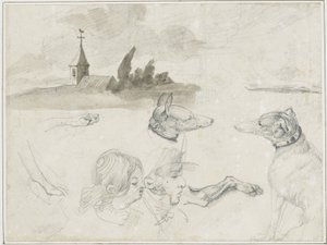 Blad met schetsen: Greyhounds; Een mannelijk en een vrouwelijk hoofd in