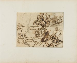 Blad met schetsen: Lansiers, Spartelende naakten, Andere onderwerpen door Jean Louis André Théodore Géricault