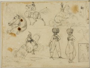 Blad met schetsen: Soldaten, paarden en een landschap door Jean Louis André Théodore Géricault