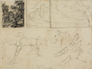 Blad met schetsen: drie landschappen, paarden en hoeven