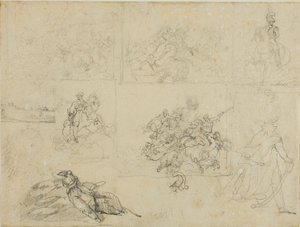 Schetsen van een cavalerieslag, soldaten en een landschap door Jean Louis André Théodore Géricault