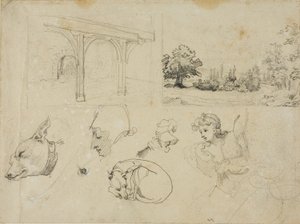 Schetsen van een schuurtje, een landschap, honden en verschillende figuren door Jean Louis André Théodore Géricault
