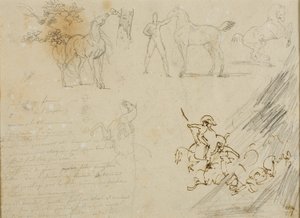 Schetsen van paarden, bruidegom die paard vasthoudt, een cavalerieslag door Jean Louis André Théodore Géricault