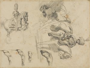 Schetsen van paarden, soldaten en hoeven door Jean Louis André Théodore Géricault