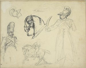 Schetsen van paarden en soldaten door Jean Louis André Théodore Géricault