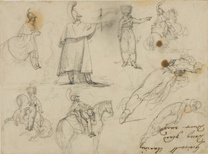 Schetsen van soldaten en paarden door Jean Louis André Théodore Géricault