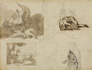 Schetsen van een cavalerieslag, een landschap met koeien en andere composities door Jean Louis André Théodore Géricault