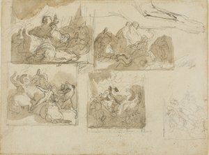 Schetsen van een cavalerieslag en de voorpoten van een hond door Jean Louis André Théodore Géricault