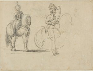 Schetsen van een bereden Chasseru en een cavalerieofficier met getrokken sabel door Jean Louis André Théodore Géricault