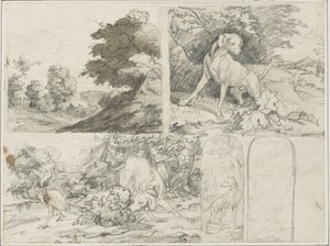 Schetsen van een bosrijke omgeving, Honden en fazanten in een landschap door Jean Louis André Théodore Géricault