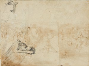 Schetsen van een ruiterslag en het hoofd van een hazewindhond door Jean Louis André Théodore Géricault