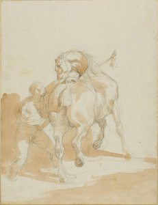 Staljongen verzorgt een paard door Jean Louis André Théodore Géricault