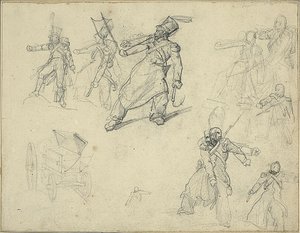 Studies van een grenadier en een munitiekar door Jean Louis André Théodore Géricault
