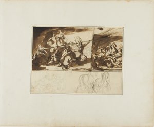 Drie schetsen van een ruiterslag en een schets van twee door Jean Louis André Théodore Géricault