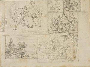 Drie studies met schetsen van een boslandschap en een cavalerieslag door Jean Louis André Théodore Géricault