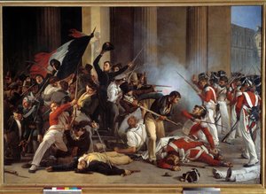 Revolutie van 1830: Tijdens de Drie Glorieuze Dagen, inname van het Louvre op 29/07/1830 en het bloedbad van de Zwitserse gardes. Schilderij door Jean Louis Bezard. 1830. Parijs, Musée Carnavalet