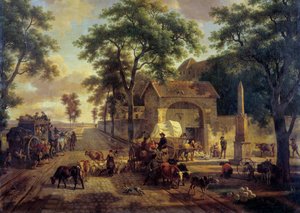 Landschap met boerenkar, kuddes en herders