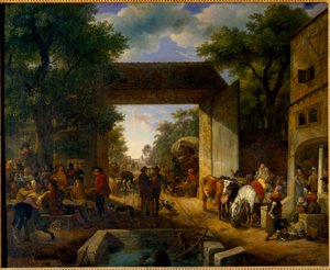 Een kermis bij de deur van een herberg. Schilderij door Jean Louis Demarne (1744-1829) 19e eeuw