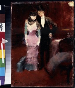 Vertrek van een gemaskerd bal in de opera van Parijs. Schilderij van Jean-Louis Forain door Jean Louis Forain