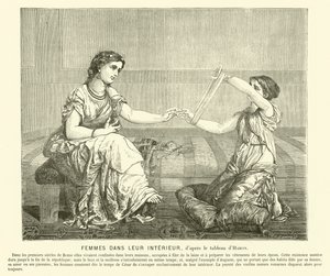 Vrouwen die wol spinnen in een huis, oud Rome