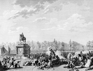 Franse Revolutie: Place Louis XV, de draken van Charles Eugene de Lorraine, Prins van Lambesc, belaadden een stoet met de bustes van Jacques Necker en de Hertog van Orleans op 12 juli 1789. Gravure door Berthaut naar Prior door Jean Louis II (after) Prieur