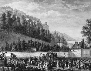 Franse Revolutie: De dames van de Halle gaan naar Versailles voor de koning op 5 oktober door Jean Louis II (after) Prieur